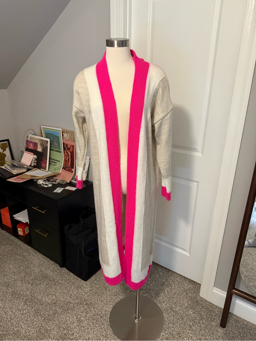 Long Open-Front Ivory Cardigan with Hot Pink Trim